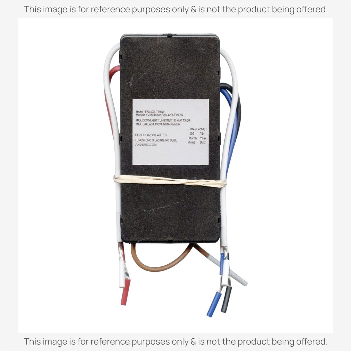 The Anderic FAN42R 315MHz for Harbor Breeze Ceiling Fan Receiver features a rectangular shape with a white label showing model and technical details. It has four color-coded wires extending from the top and bottom, ideal for seamless remote pairing.