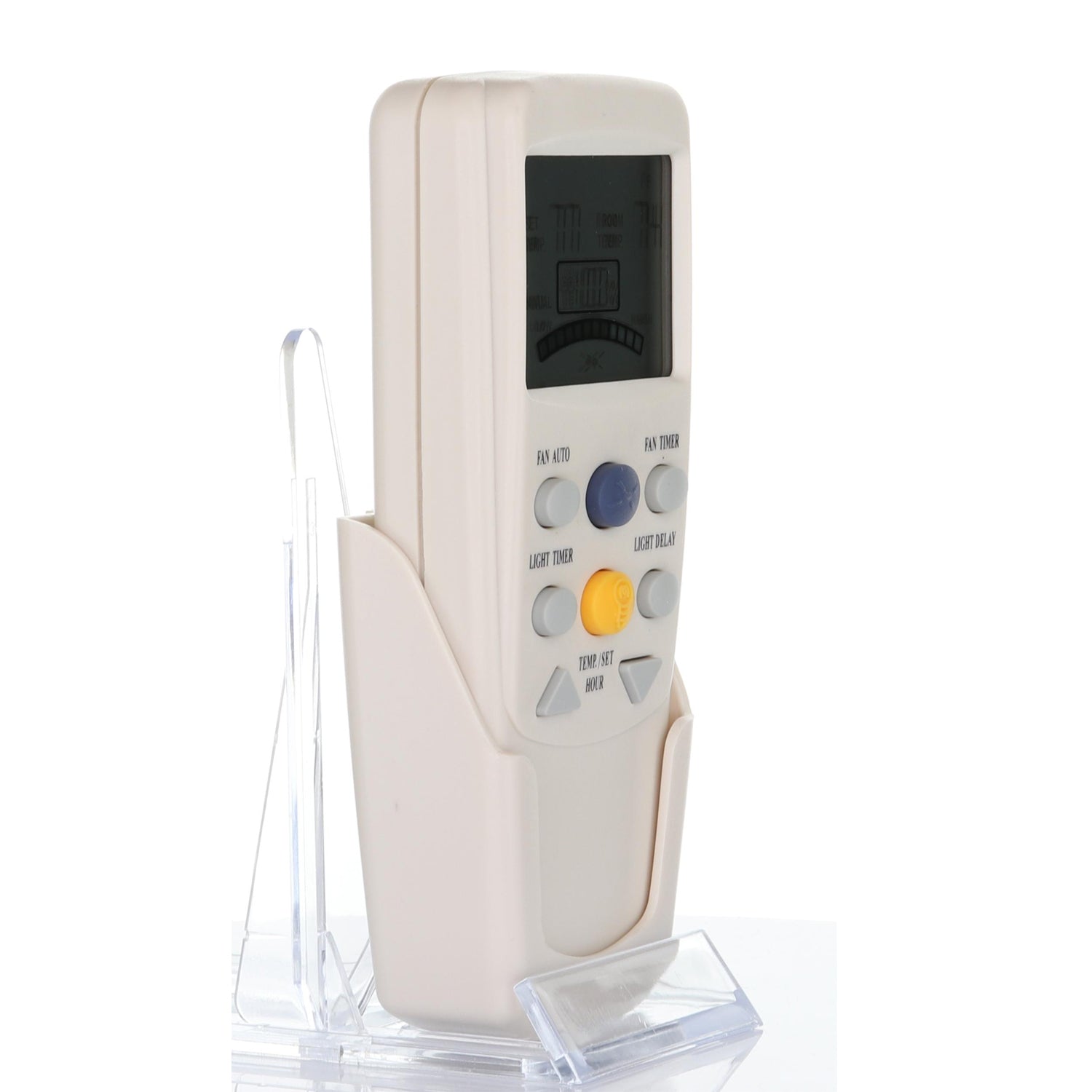 The ANDERIC FAN9T beige remote control, featuring a digital screen with gray and yellow buttons, rests in a clear plastic stand. It is compatible with Hampton Bay ceiling fans.