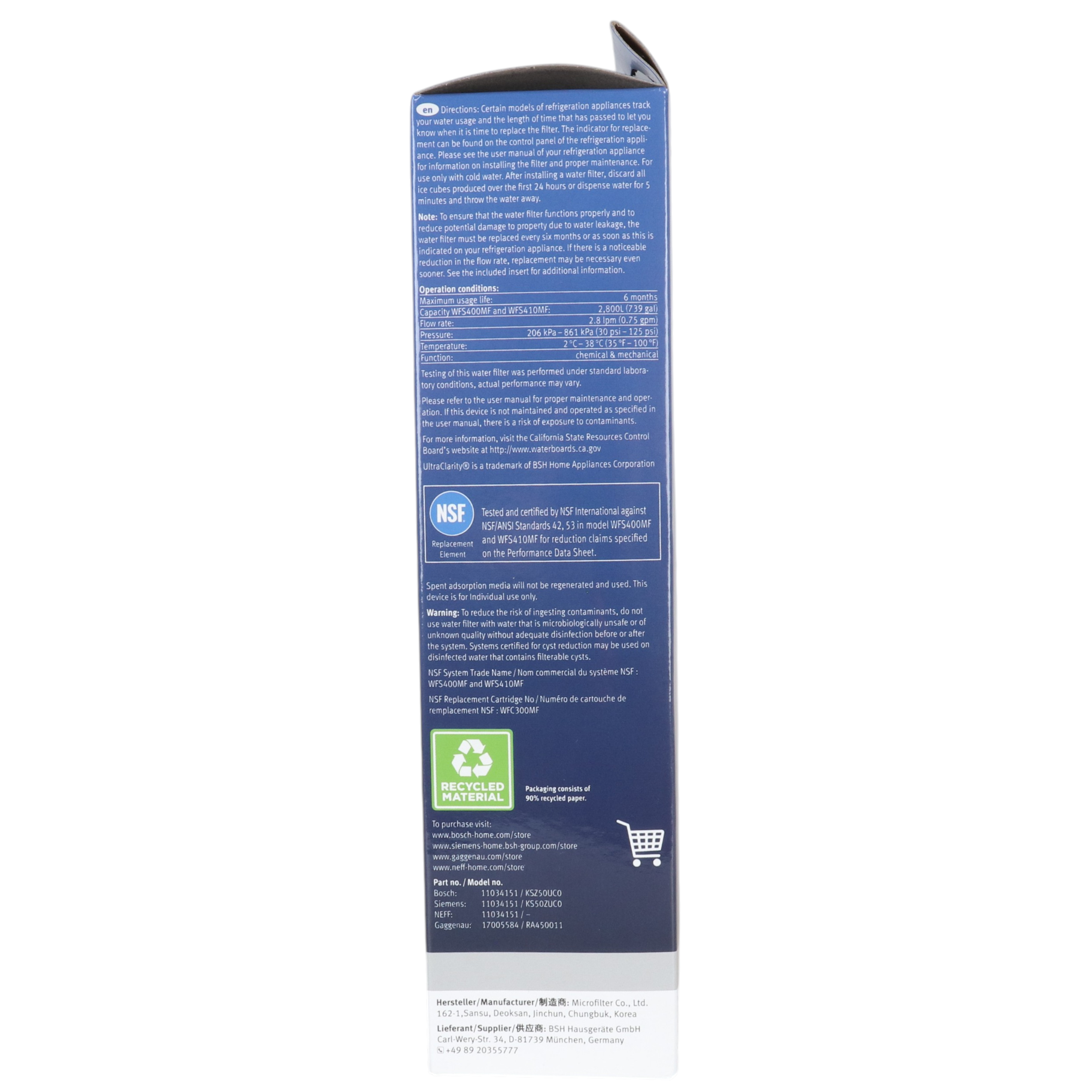 Bosch 11034151 • Filtro de agua para frigorífico UltraClarity KSZ50UC0 - 11034151