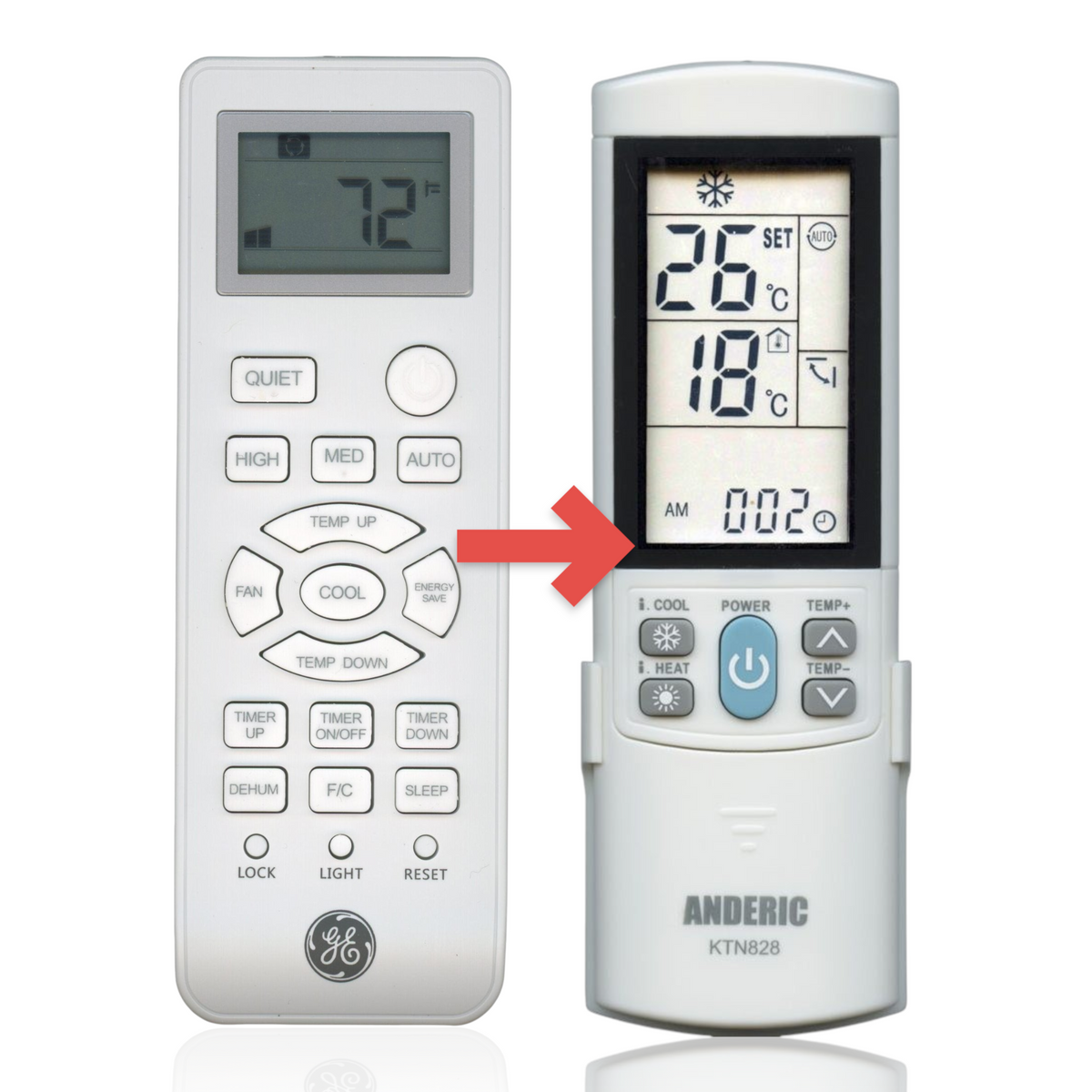 Anderic KTN828 white universal air conditioner remote control with backlit LCD screen and clearly labeled buttons.