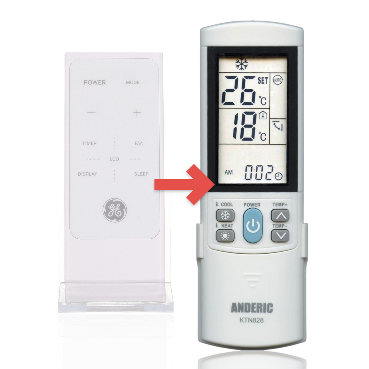 Anderic KTN828 white universal remote control for GE window air conditioners with clearly labeled function buttons.