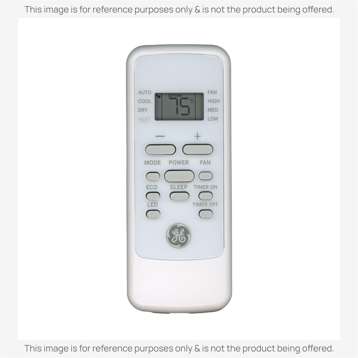 A GE General Electric RG51G41/EU1-G Window Air Conditioner Remote (model WJ26X33655) with a white body, digital display set to 75°F, plus buttons for mode, fan speed, temperature adjustment, and more.