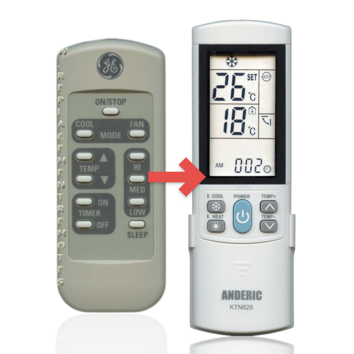 Anderic replacement remote control for GE air conditioner units featuring a grey casing and intuitive button layout.
