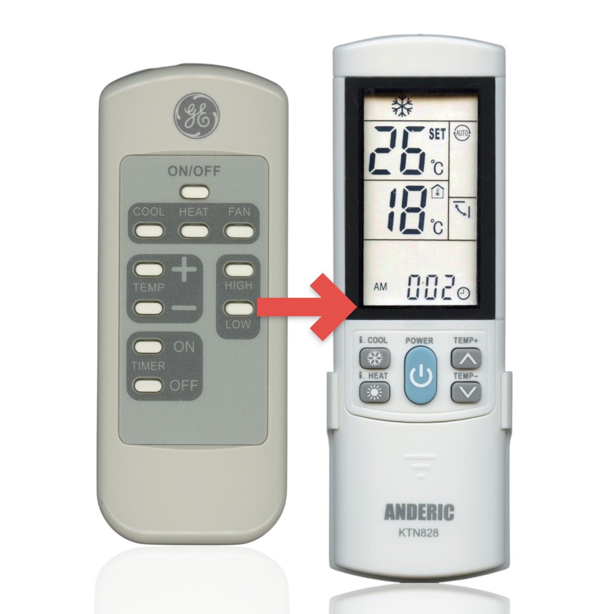 Anderic KTN828 replacement remote control for GE air conditioners featuring a grey interface with white buttons