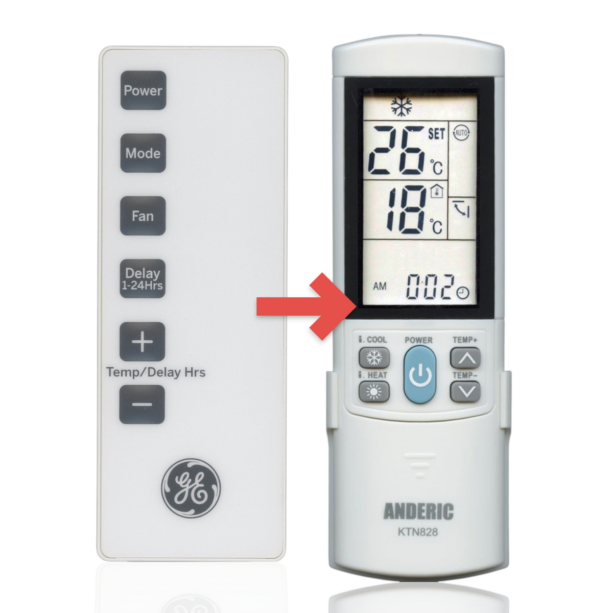 Anderic replacement remote control for GE air conditioners with white casing and dark grey function buttons