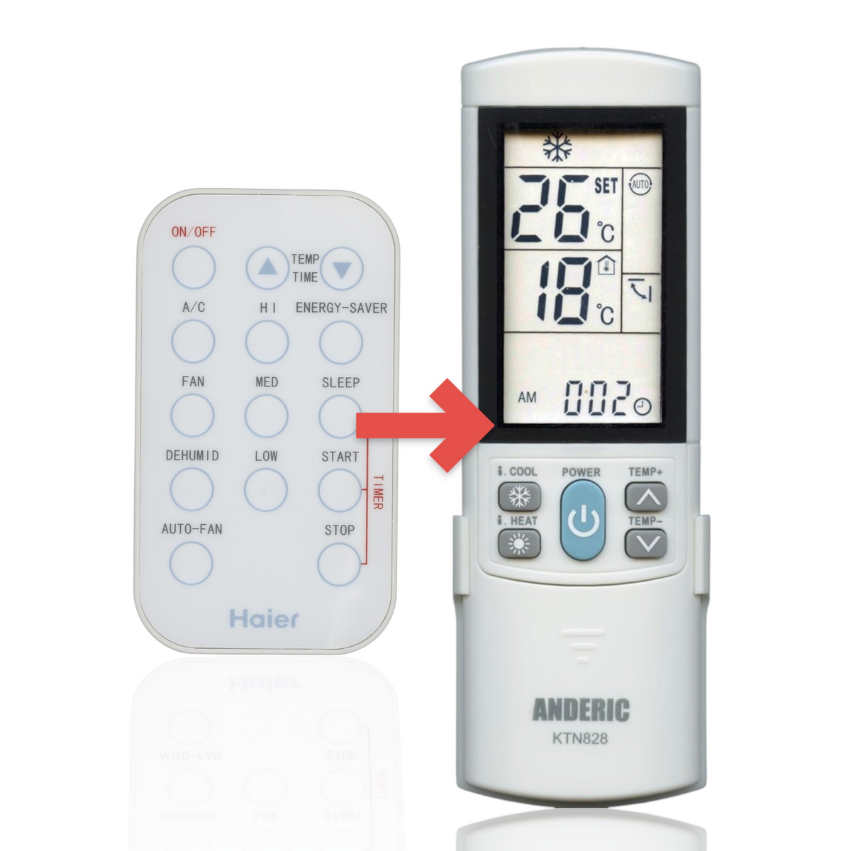 Anderic KTN828 replacement remote control for GE air conditioners with white casing and clearly labeled buttons