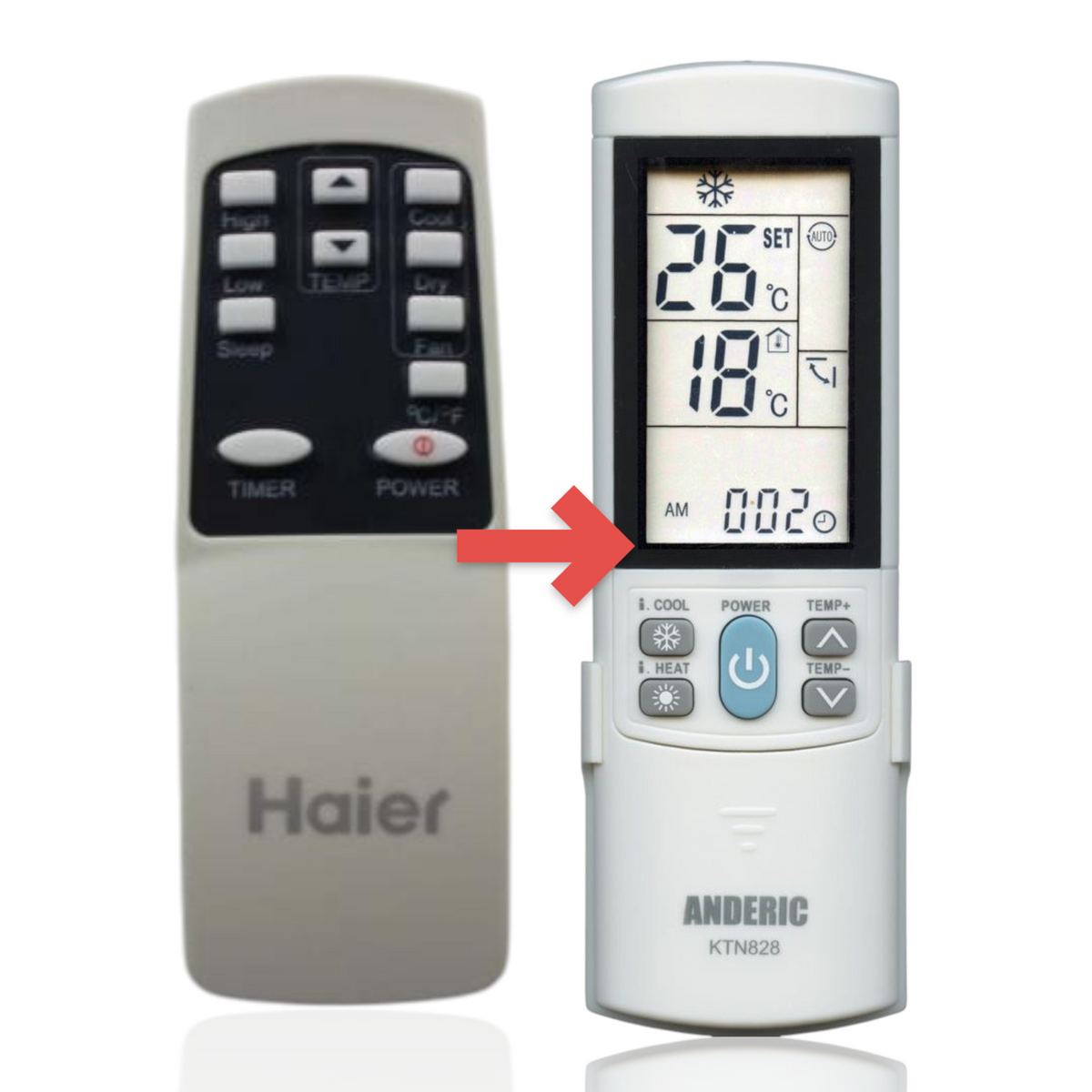 Anderic replacement remote control for Haier air conditioners featuring a white body and black button interface.