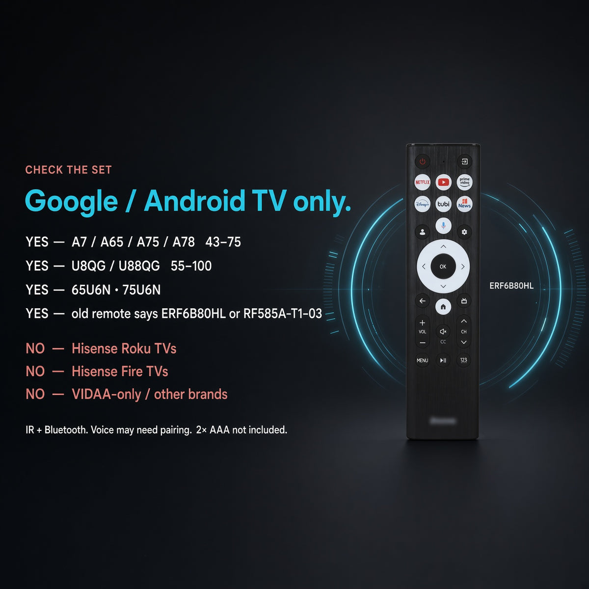 Télécommande vocale Google Hisense ERF6B80HL | RF585A-T1-03 | Série A7 | Série U8 - ERF6B80HL