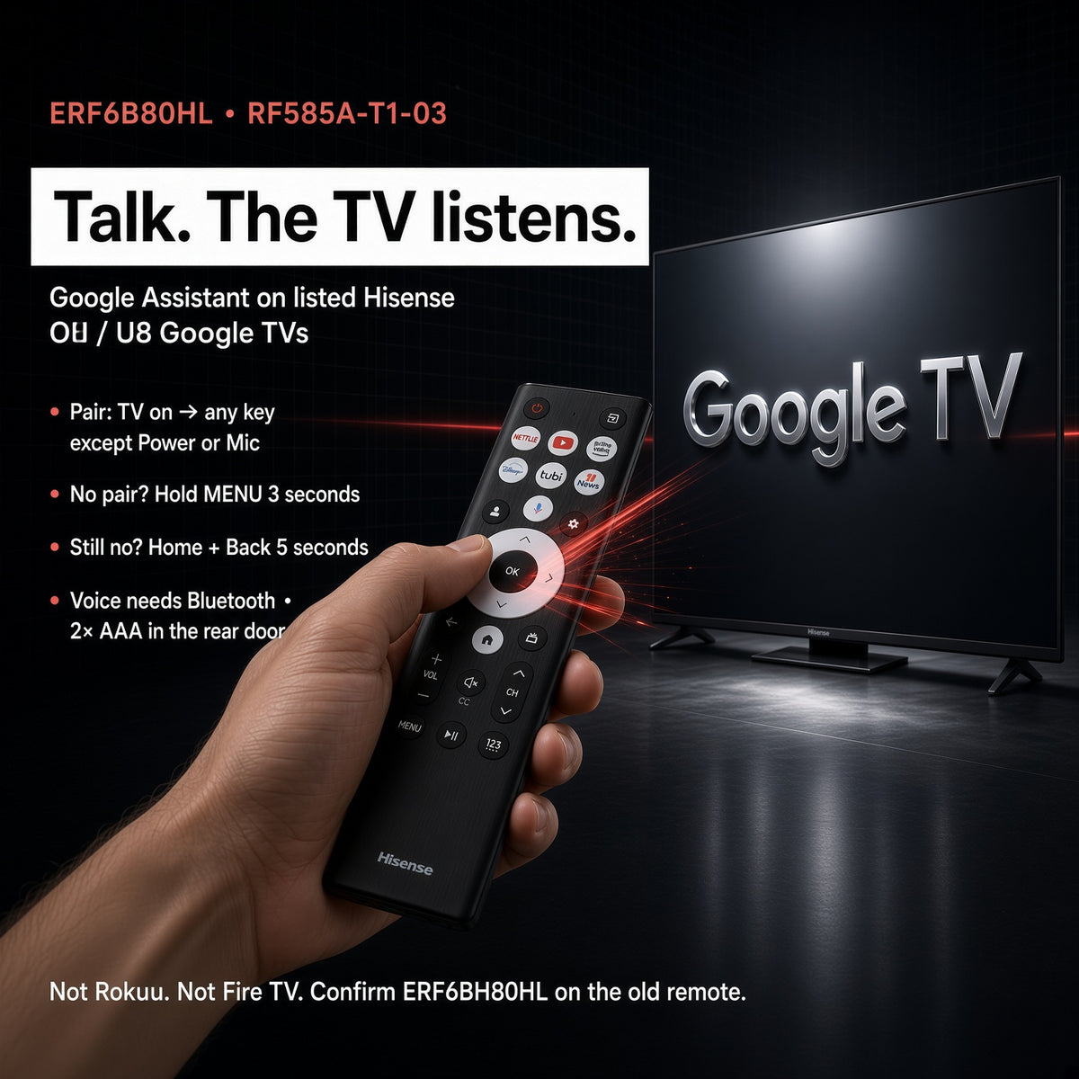 Télécommande vocale Google Hisense ERF6B80HL | RF585A-T1-03 | Série A7 | Série U8 - ERF6B80HL