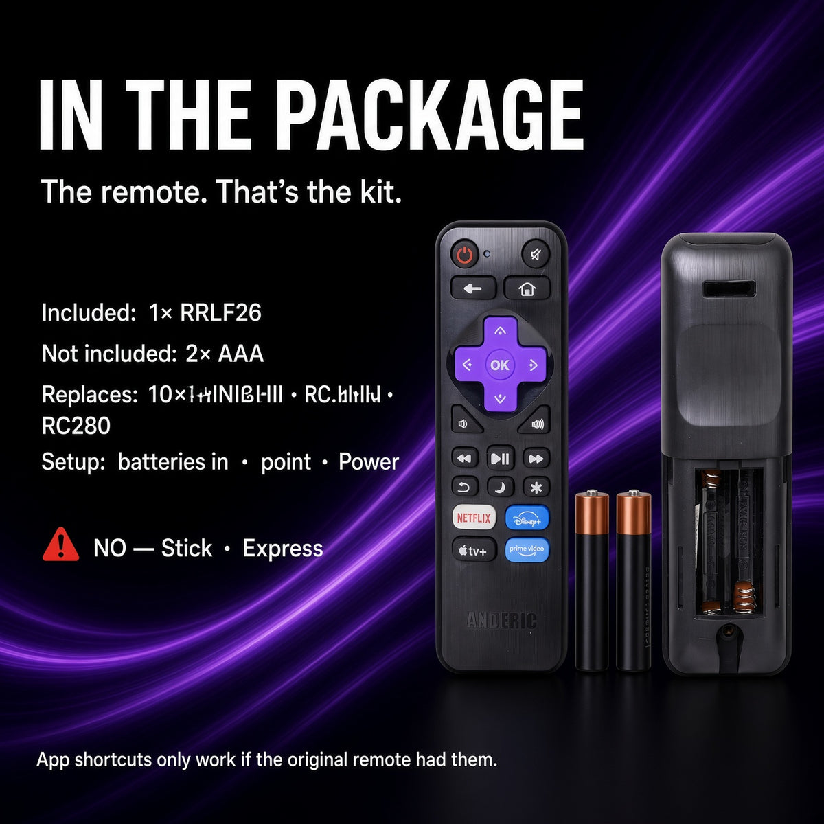 Anderic RRLF26 (No Programming Needed) Replacement Remote Control for most Roku TVs such as ONN, Hisense, Philips, TCL, Hiro