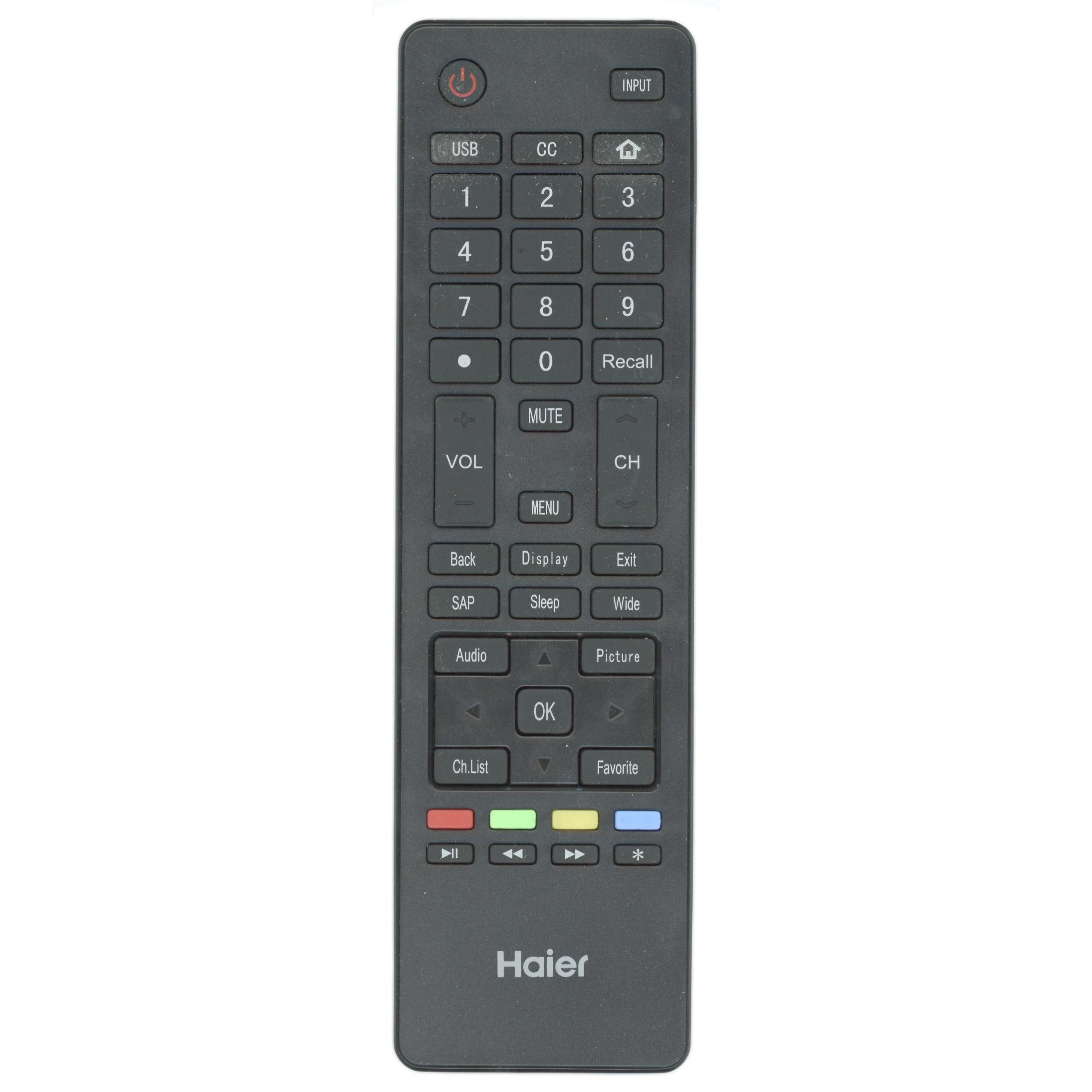 The Haier HTRA18M TV Remote Control, in a sleek black design, seamlessly pairs with models like the 40D3500MB and LE55F32800B. It features essential buttons such as power, input, number pad, volume, and channel for easy navigation.