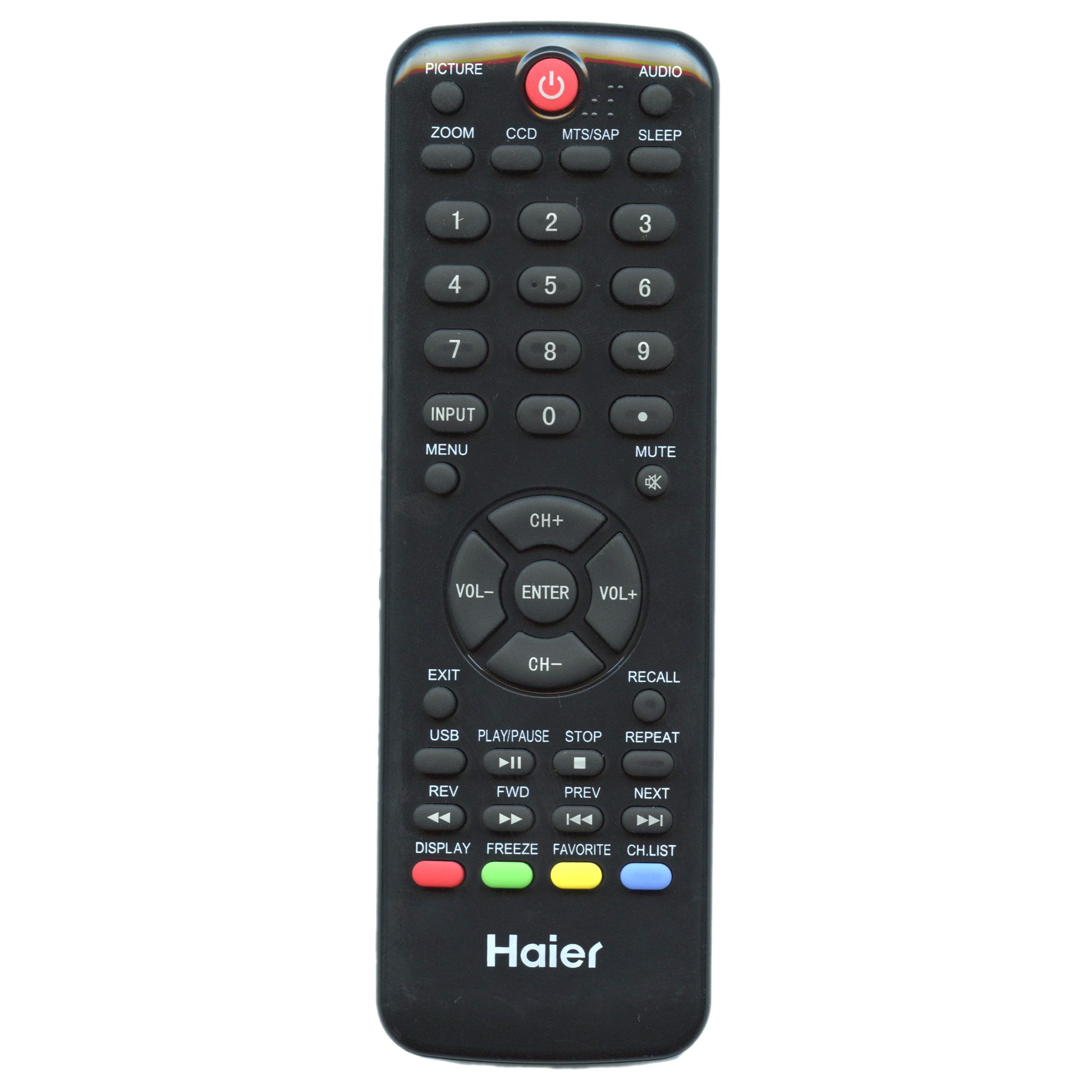 A black Haier HTRD09 TV Remote Control from the L series features power, volume, channel, and numeric buttons.