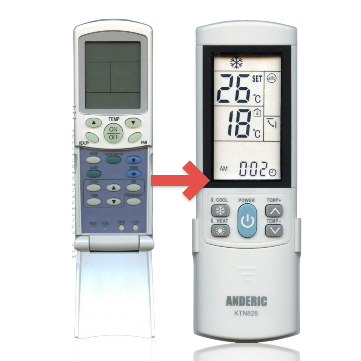 Anderic KTN828 universal air conditioner remote control with backlit LCD screen and flip-down cover for Haier units.