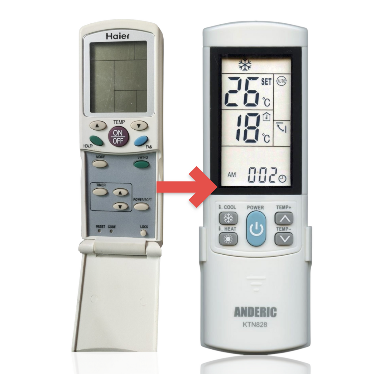 Anderic replacement remote control for Haier air conditioners with LCD screen, control buttons, and flip-down cover.