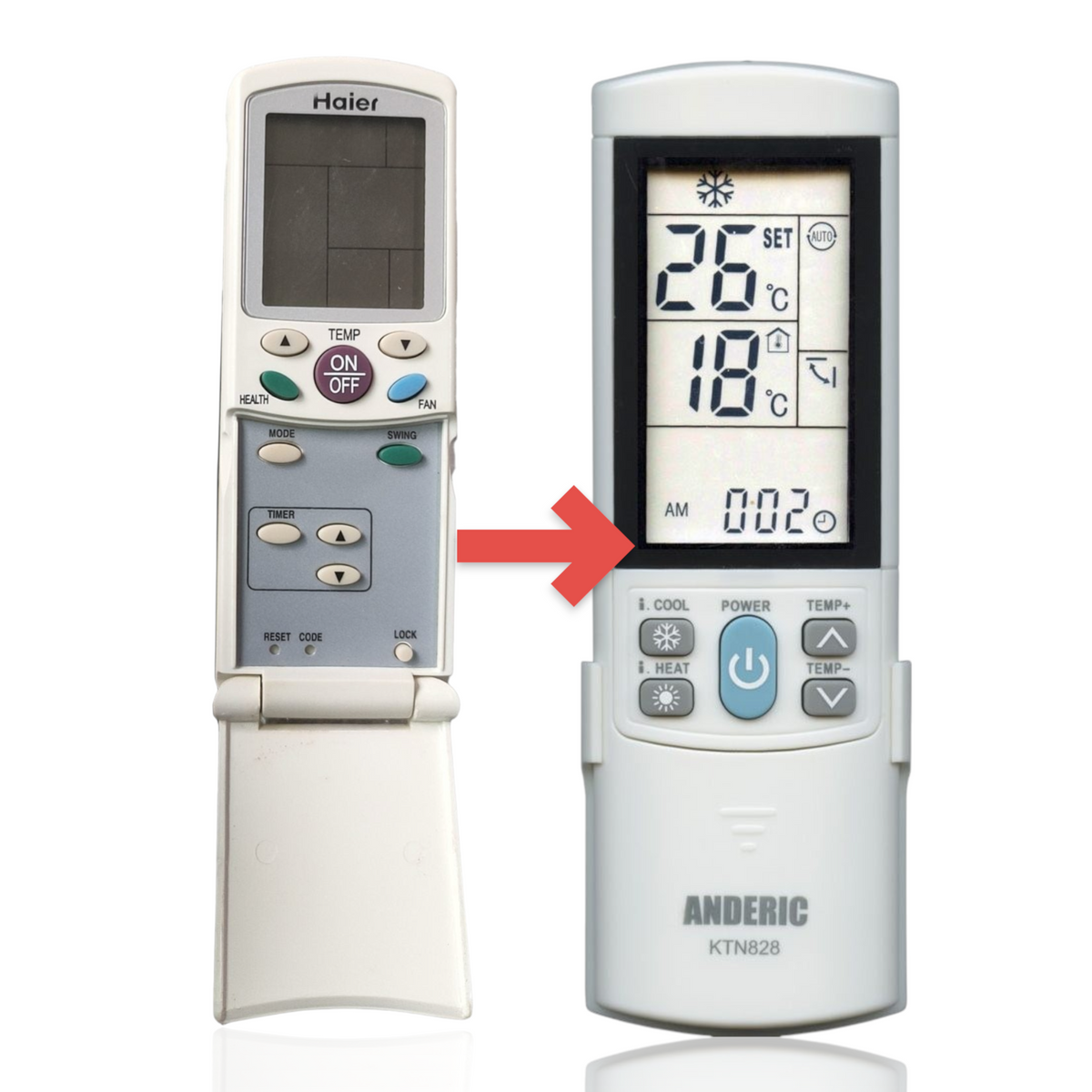 Anderic replacement remote control for Haier air conditioners with a backlit LCD screen and sliding cover.