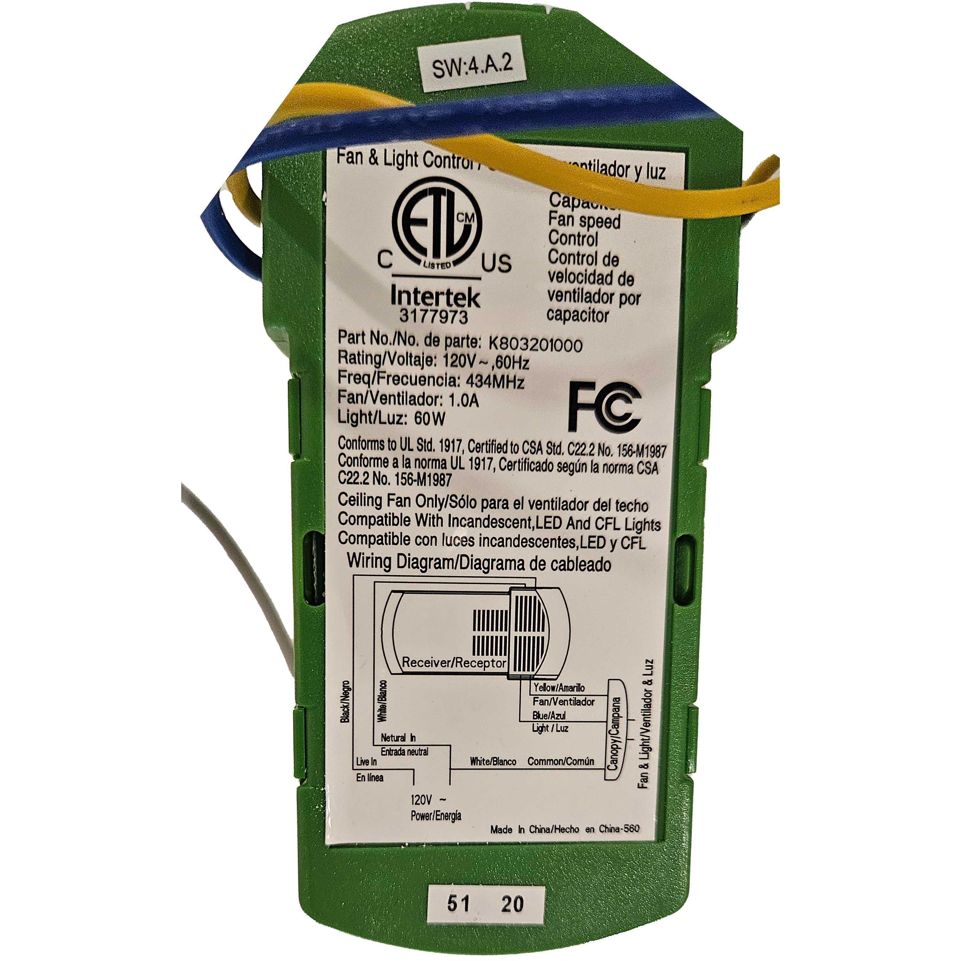 Récepteur de ventilateur de plafond Hampton Bay K803201000
