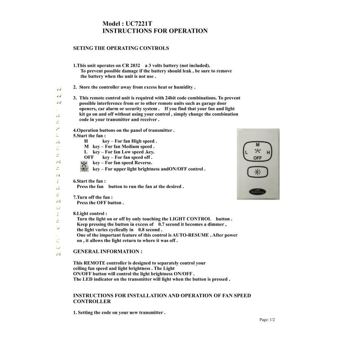 Télécommande pour ventilateur de plafond Harbor Breeze UC7221T CHQ7221T
