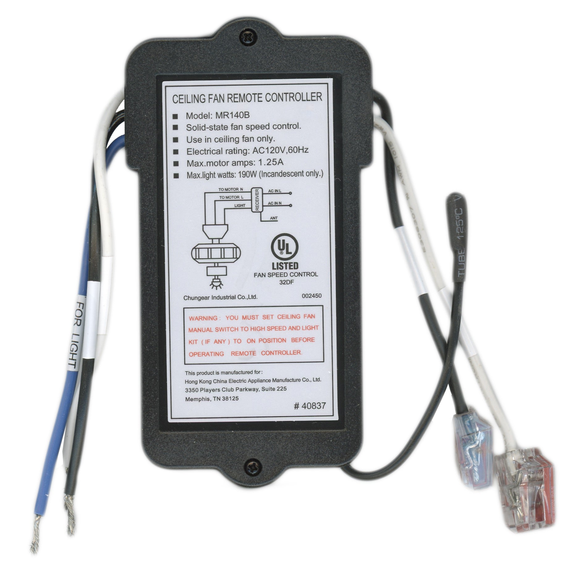 Récepteur pour ventilateur de plafond Harbor Breeze MR140B