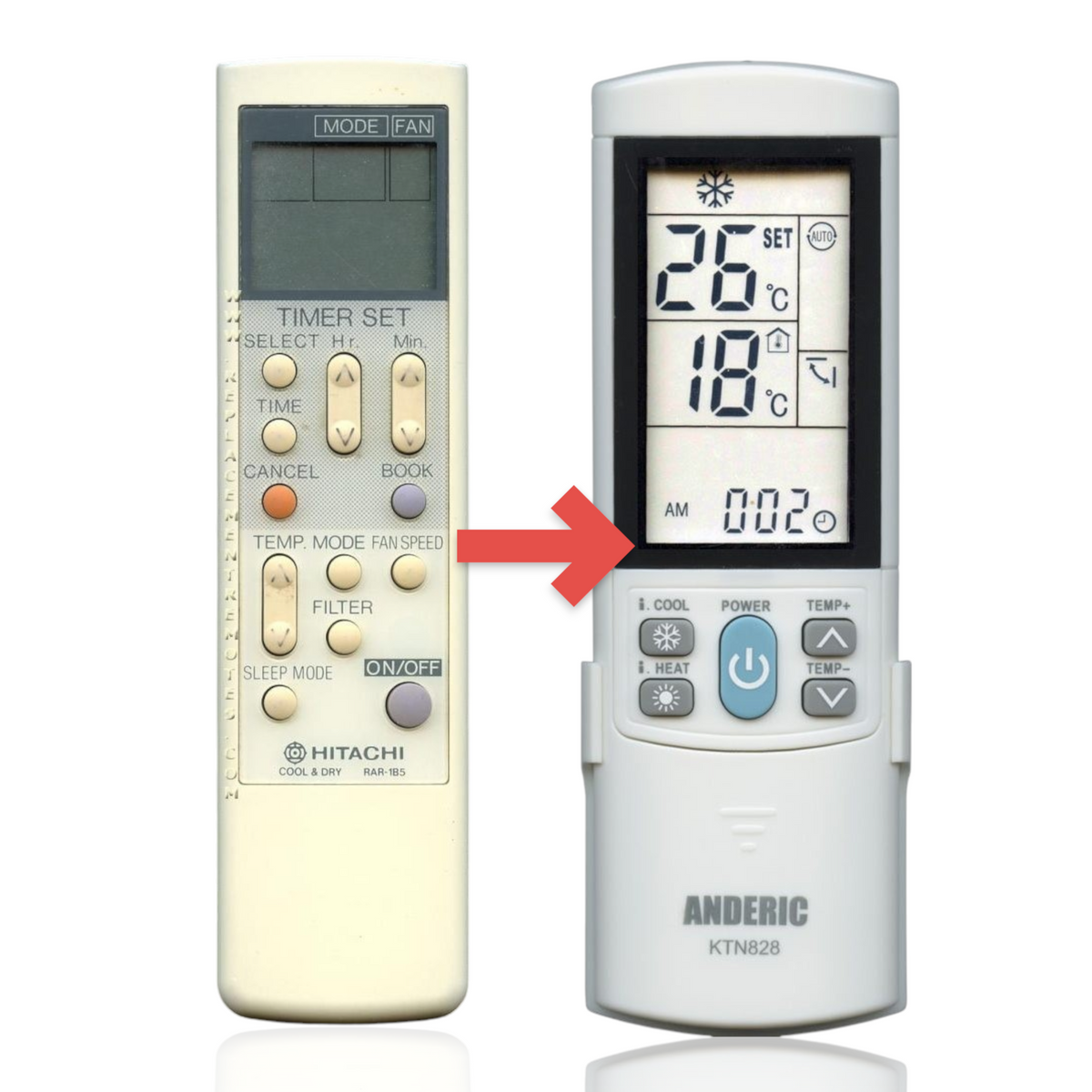 Anderic KTN828 universal air conditioner remote control replacing the white Hitachi RAR1B5 model with backlit LCD