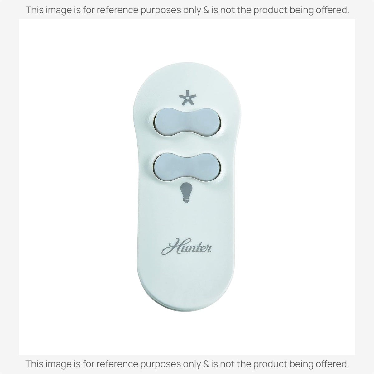 Hunter brand ceiling fan remote control with a white finish, featuring two buttons and a star-shaped logo.