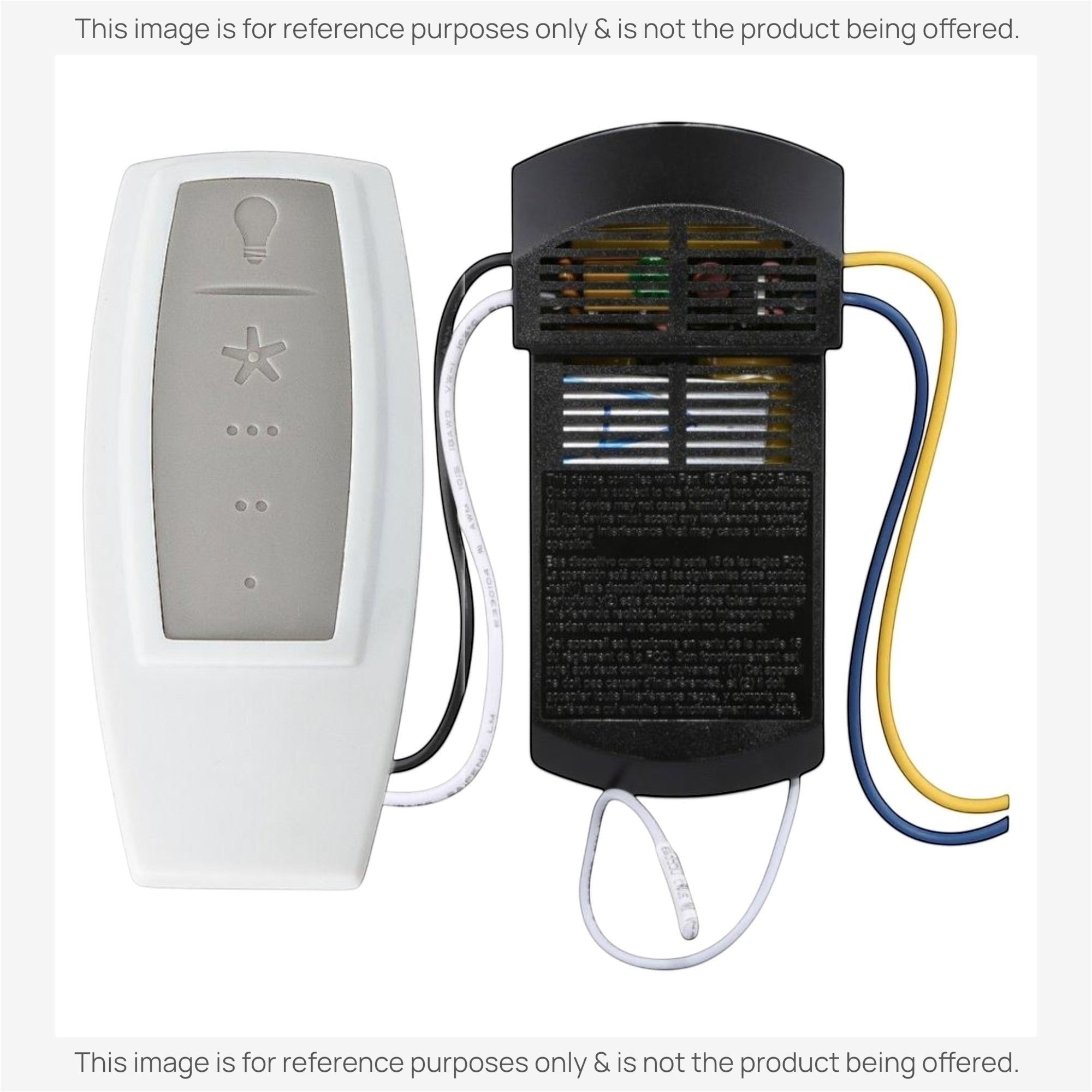 The Hunter 99110 Universal 3-Speed IN2TX36 Ceiling Fan Remote Control Kit includes a white handheld remote and black receiver with wires, allowing easy fan speed and light control for most ceiling fans.