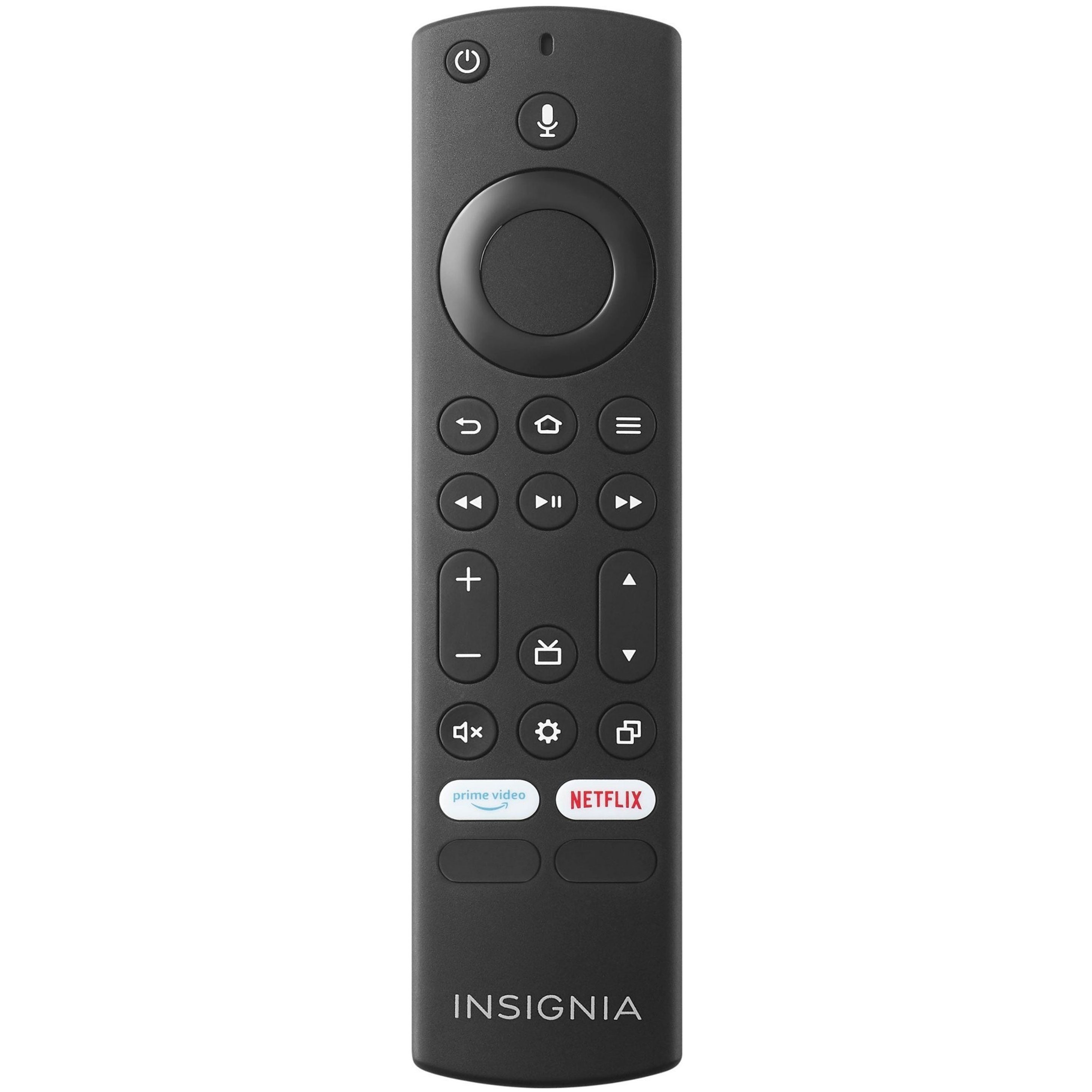The Insignia NS-RCFNA21 Fire TV Remote Control - 92259800033 offers a sleek design, featuring a circular navigation pad, playback buttons, volume controls, and dedicated buttons for Prime Video and Netflix. It provides seamless control over your entertainment system as a powerful universal remote.
