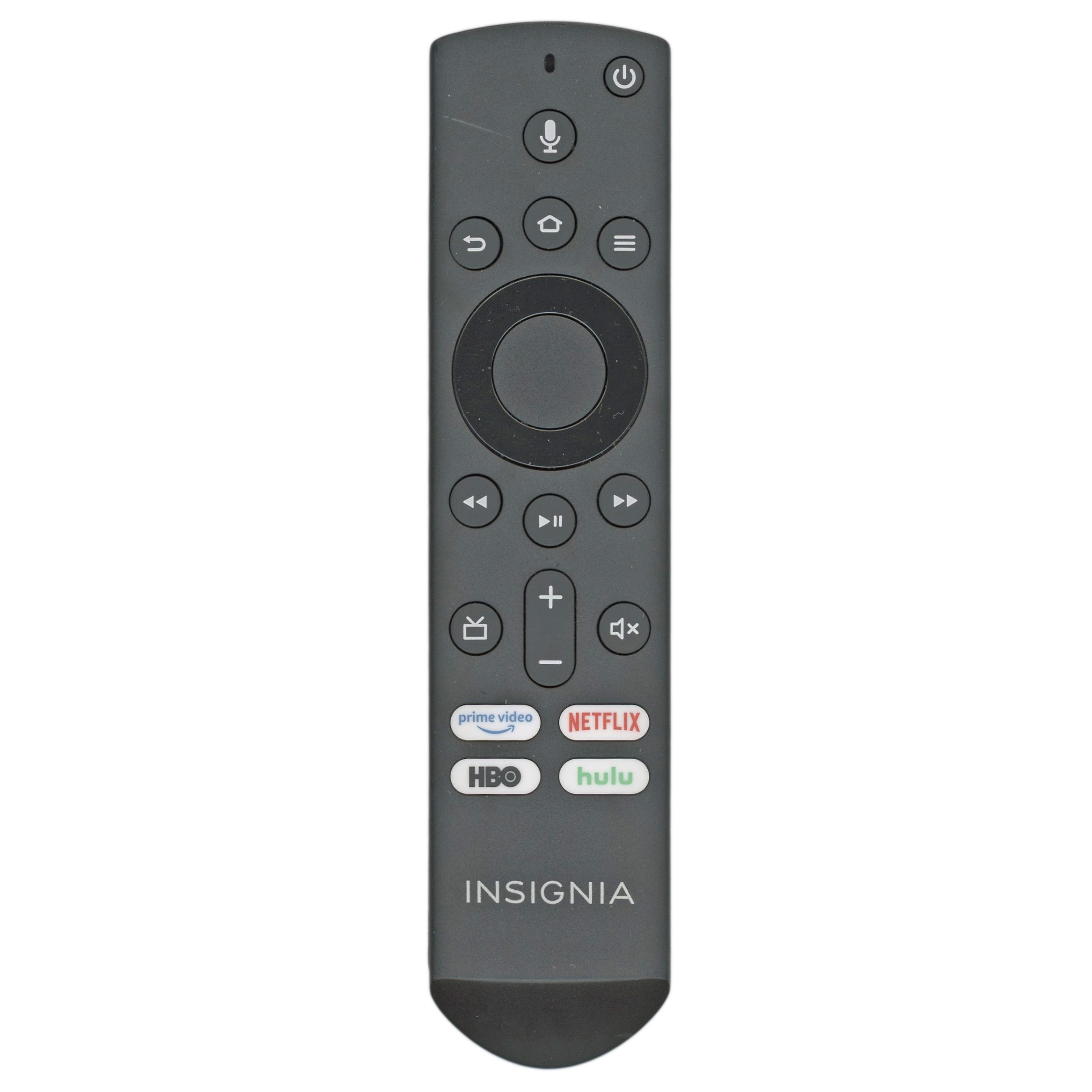 The Insignia NSRCFNA19 Rev B voice Fire TV Remote Control features a sleek black design with buttons for power, volume, and quick access to Amazon Prime Video, Netflix, HBO, and Hulu.