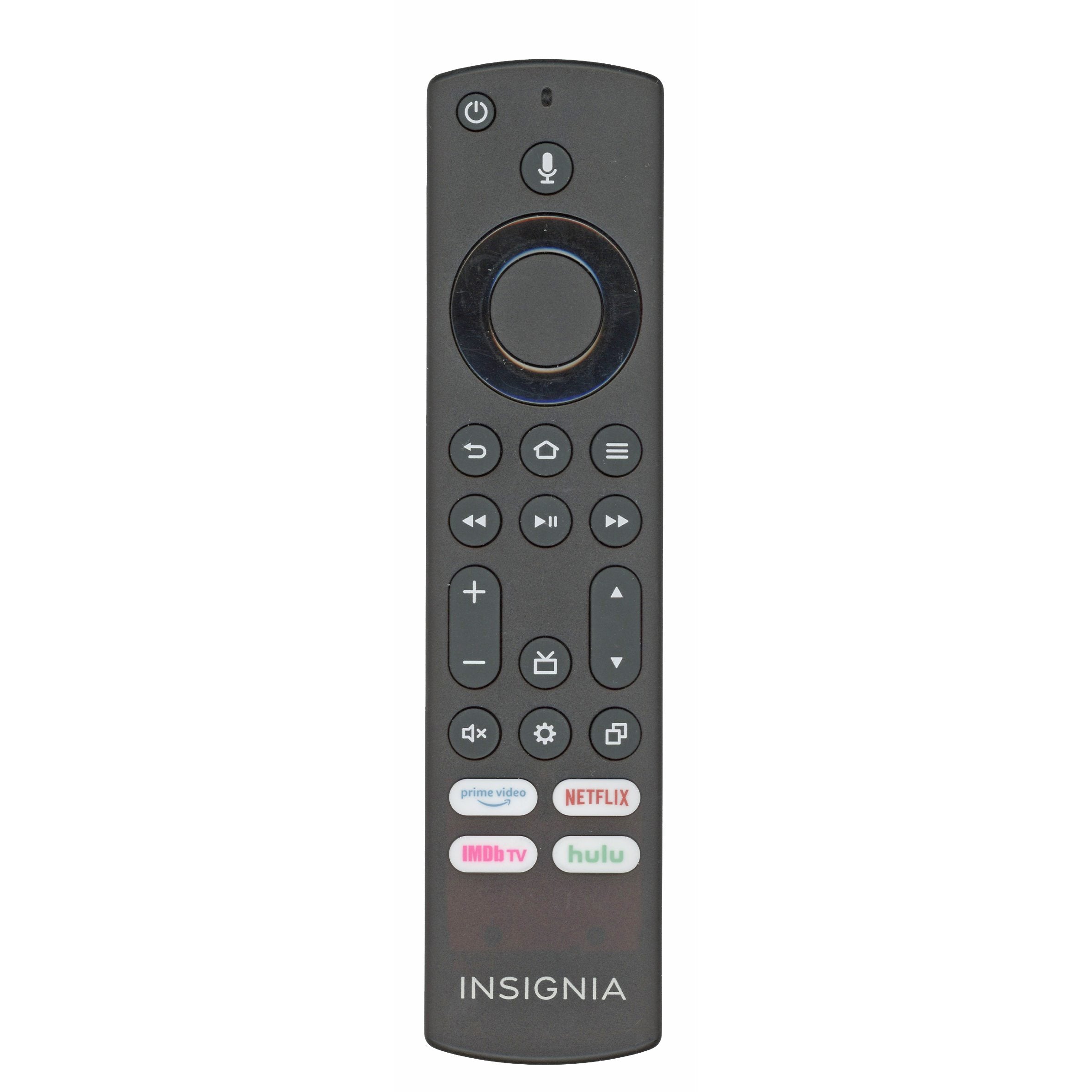 The Insignia NSRCFNA21 Rev D FIRE TV Remote Control features a sleek black design with buttons for Prime Video, Netflix, IMDB TV, and Hulu, plus easy volume and navigation controls.