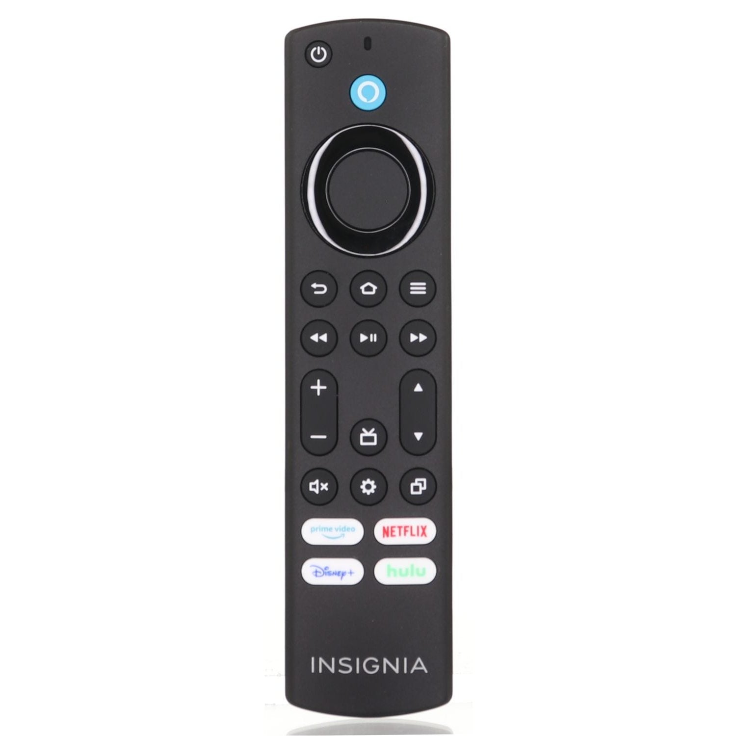 The Insignia NSRCFNA21 Rev F Fire TV Remote Control features power, navigation, and volume buttons, plus Prime Video, Netflix, Disney+, and Hulu shortcuts. It includes easy pairing instructions for seamless device connectivity.