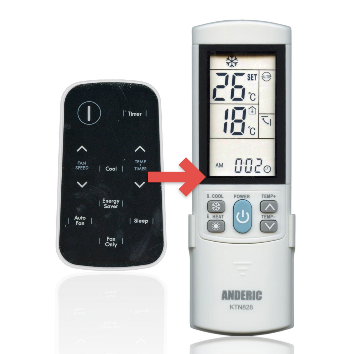 Anderic KTN828 universal air conditioner remote control with black interface and white buttons for AC settings