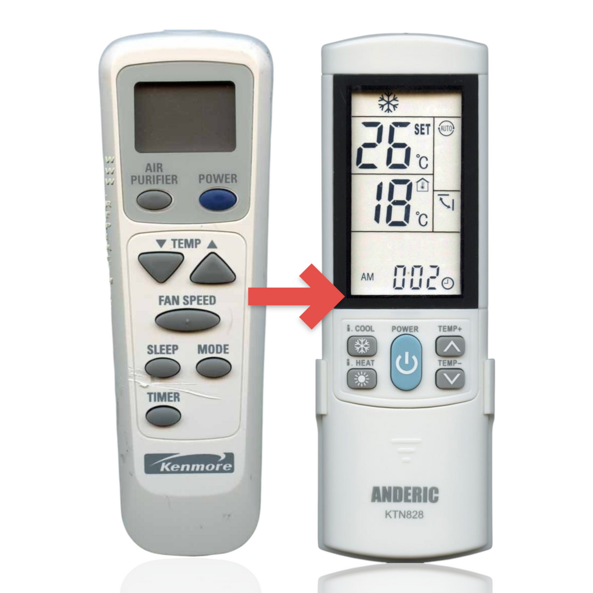 Anderic replacement remote control for Kenmore air conditioners featuring a backlit LCD screen and grey buttons.