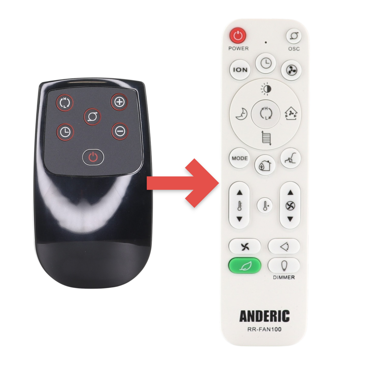 Anderic RRFAN100A black remote control replacement for Lasko space heaters with circular button layout