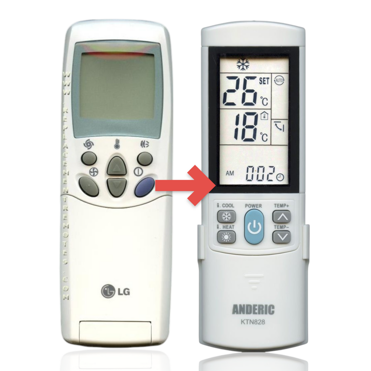 Anderic replacement remote control for LG air conditioners featuring a backlit LCD screen and numeric keypad.