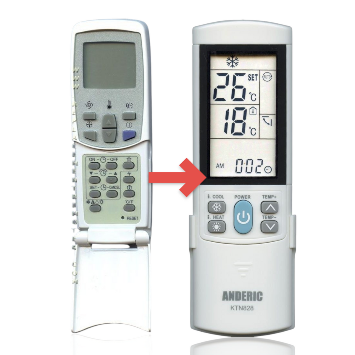 Anderic KTN828 white air conditioner remote control with backlit LCD display and flip-down cover for LG units.