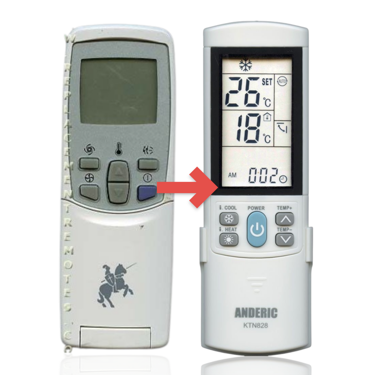 Anderic KTN828 replacement remote for LG air conditioners featuring a backlit LCD screen and intuitive control buttons.