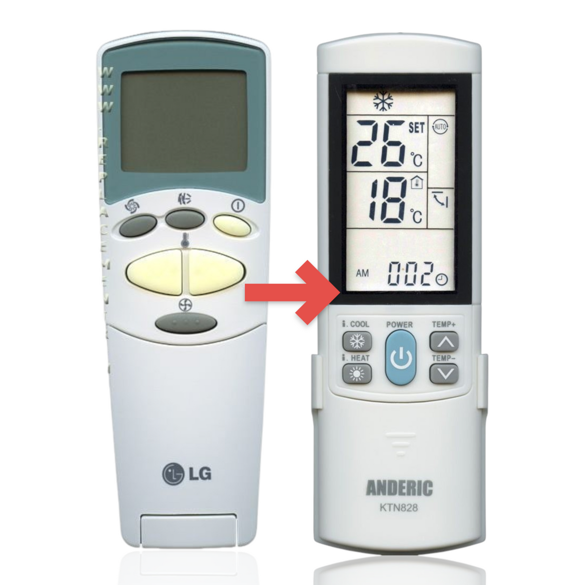 Anderic KTN828 replacement remote for LG air conditioners featuring a backlit LCD screen and intuitive control buttons