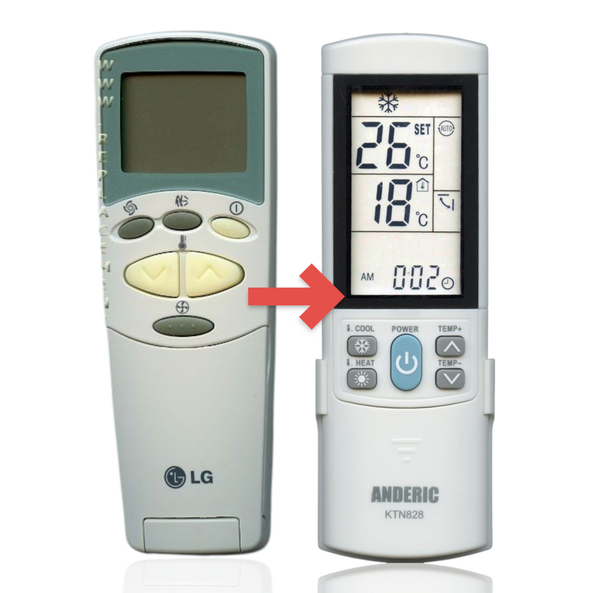 Anderic KTN828 replacement remote control for LG air conditioners with backlit LCD display and numeric keypad.