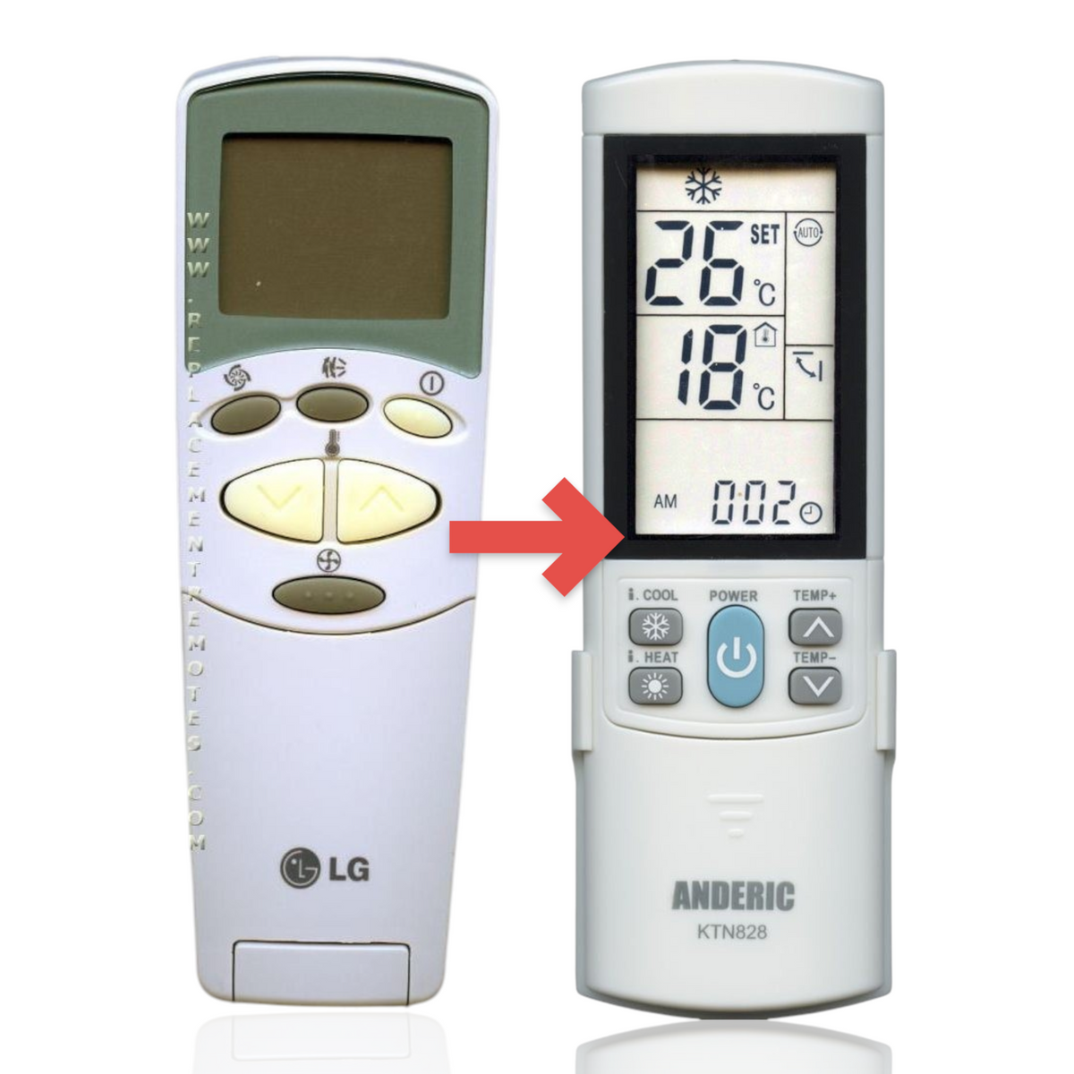 Anderic replacement remote control for LG air conditioners featuring a backlit LCD display and numeric buttons.
