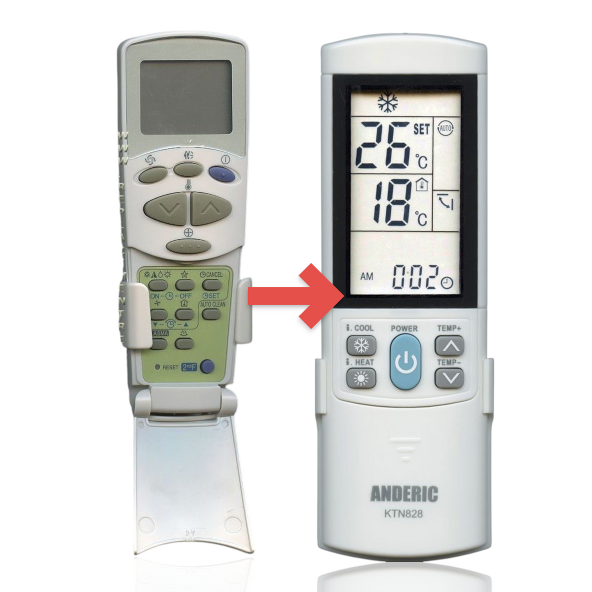 Anderic KTN828 universal air conditioner remote control with backlit LCD display and open sliding cover panel.