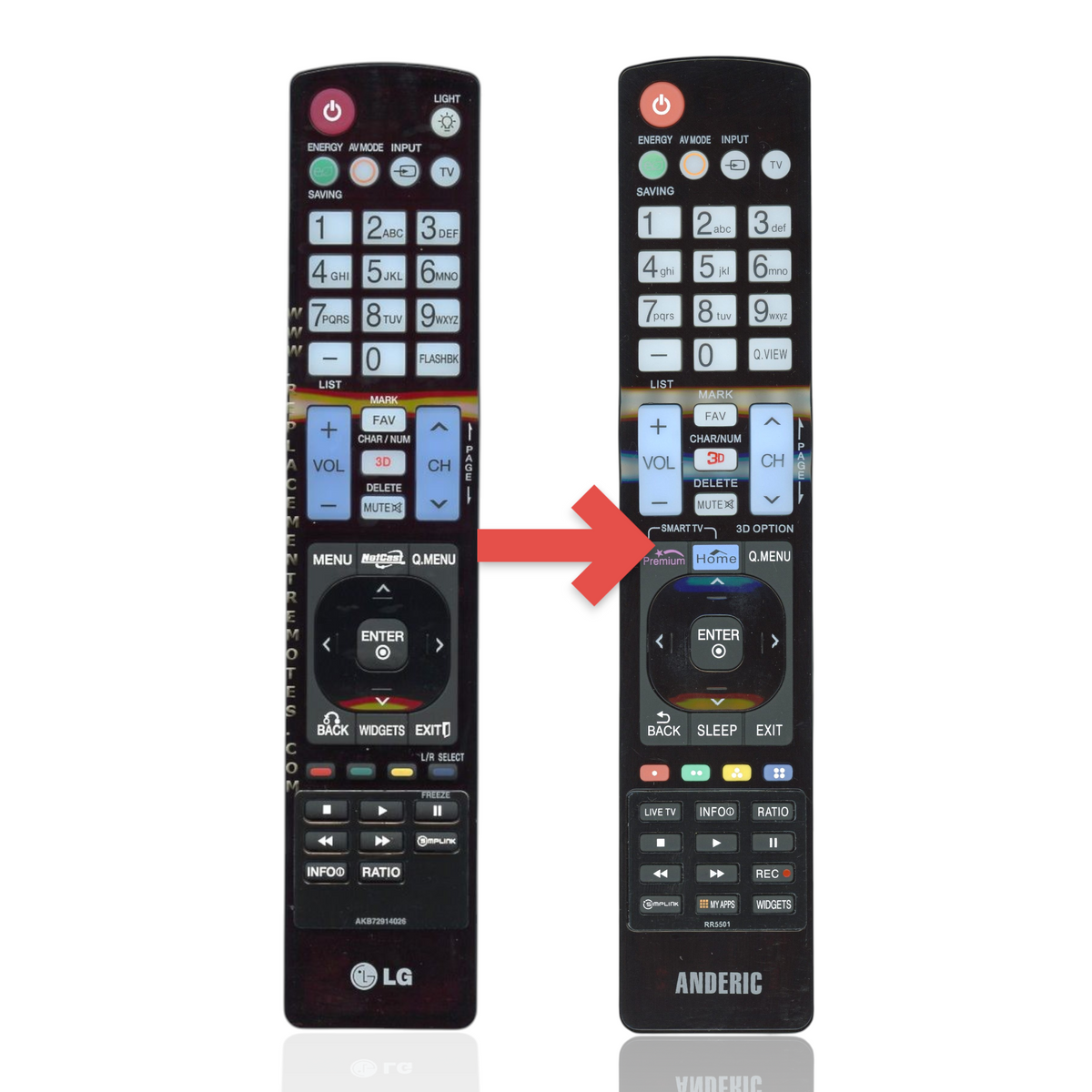 Anderic RR5501 black infrared remote control for LG TVs with dedicated buttons for My Apps, 3D, and Input features.