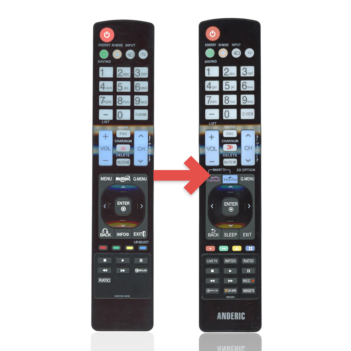 Anderic substitute remote control for LG TVs featuring black plastic casing and standard infrared navigation buttons.