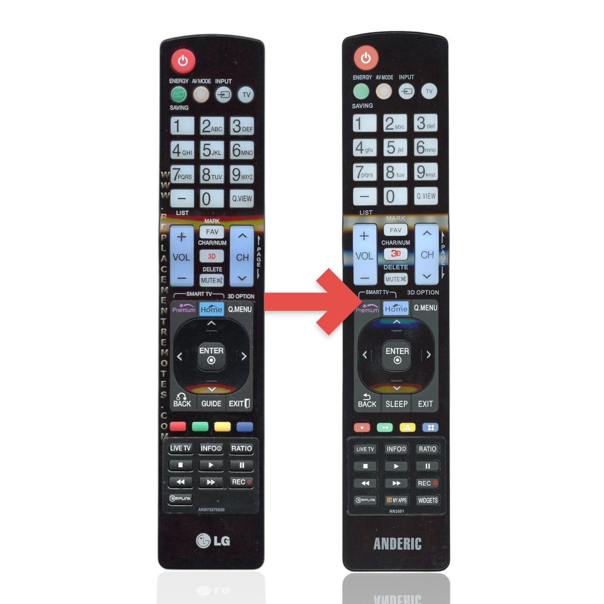 Anderic RR5501 replacement remote control for LG TVs featuring black plastic casing and standard infrared buttons.
