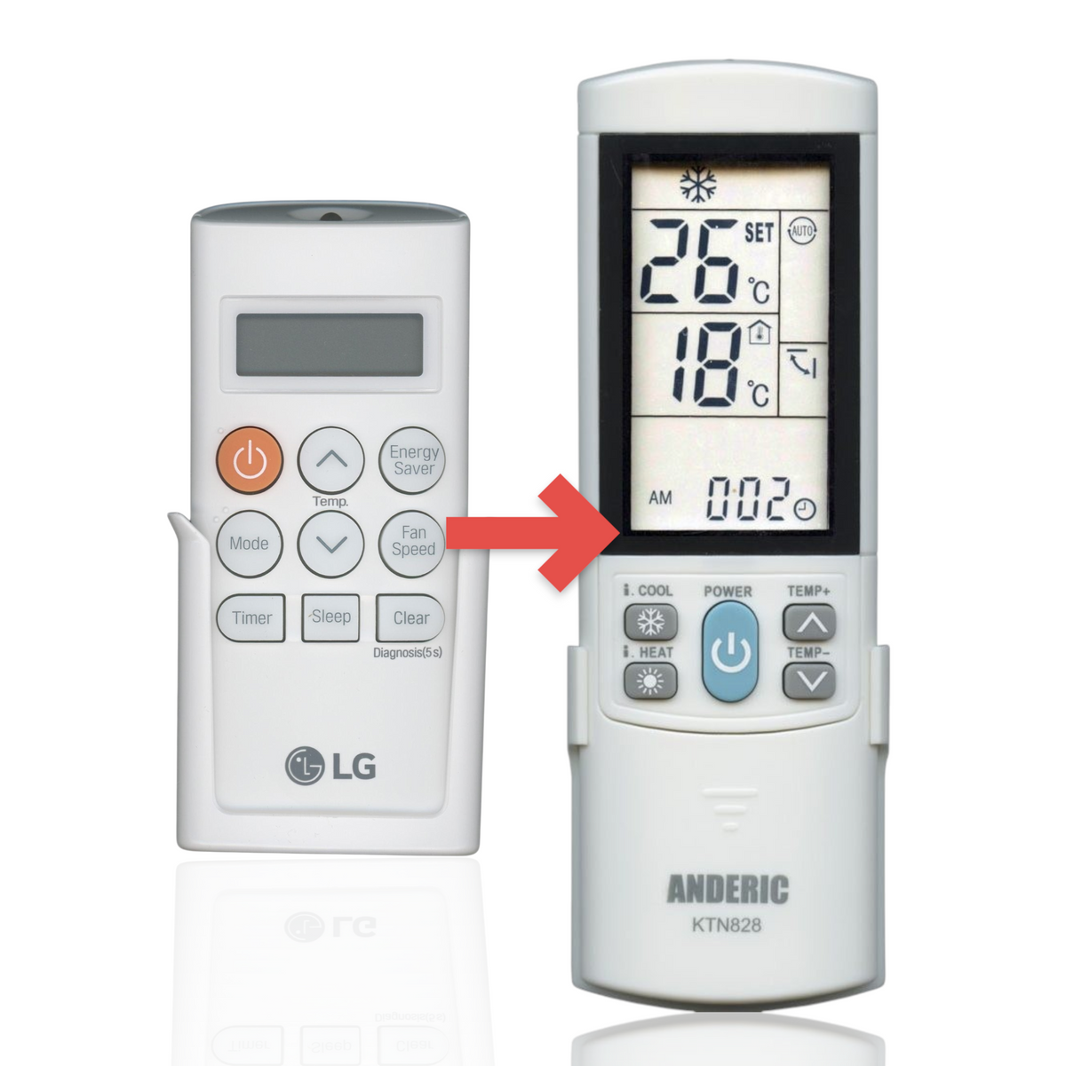 Anderic replacement remote control for LG air conditioners with a backlit LCD display and wall mount holder.