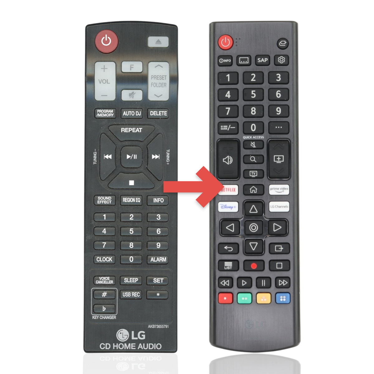 Anderic black infrared remote control for LG CD home audio systems with dedicated playback and navigation buttons.