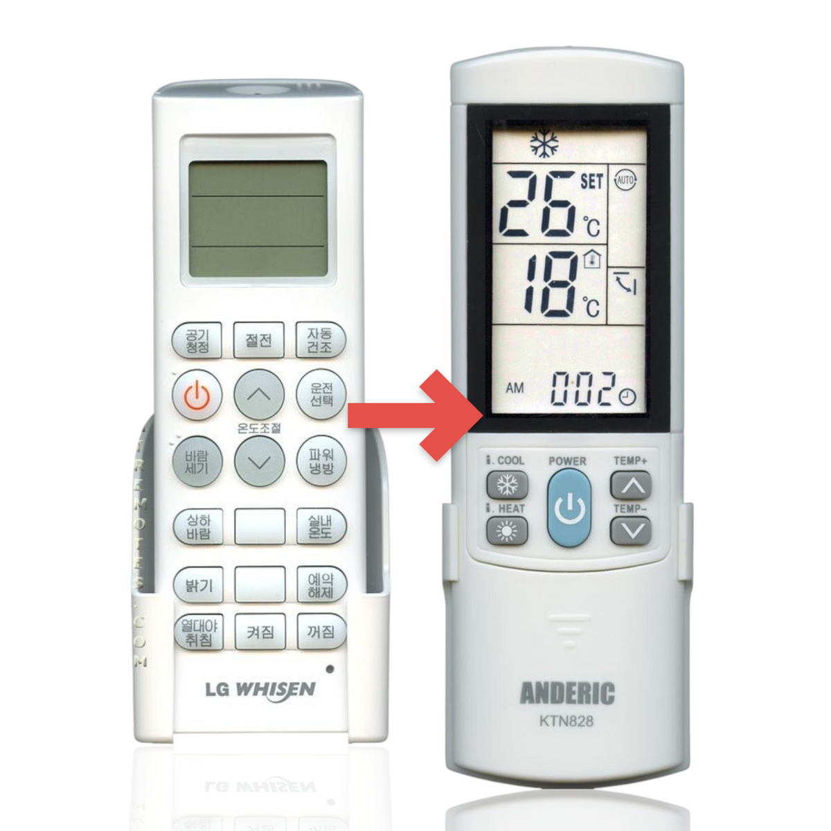 Anderic replacement remote for LG Whisen air conditioners featuring a white casing, backlit LCD, and Korean buttons.