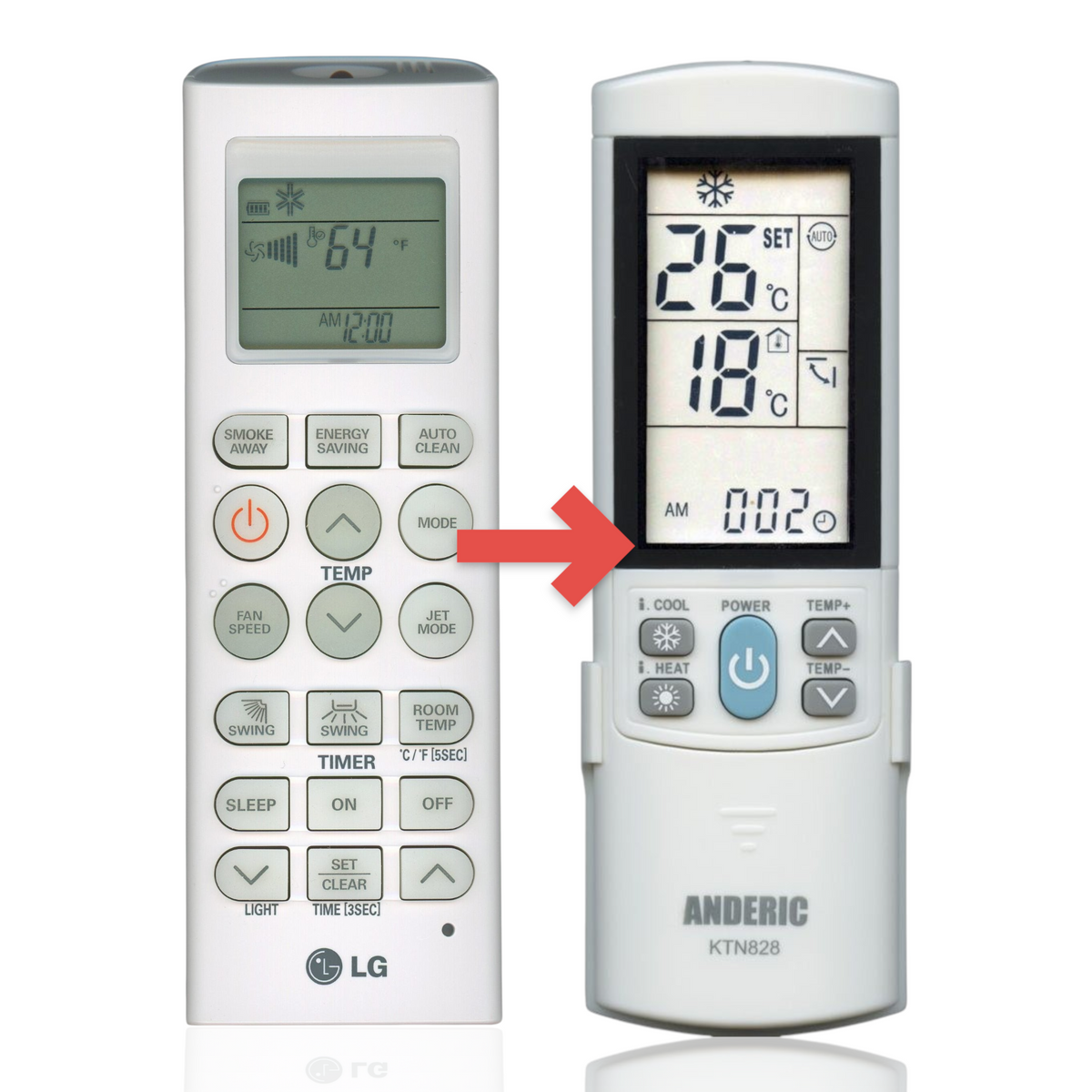 Anderic replacement remote control for LG air conditioners featuring a backlit LCD screen and intuitive buttons.