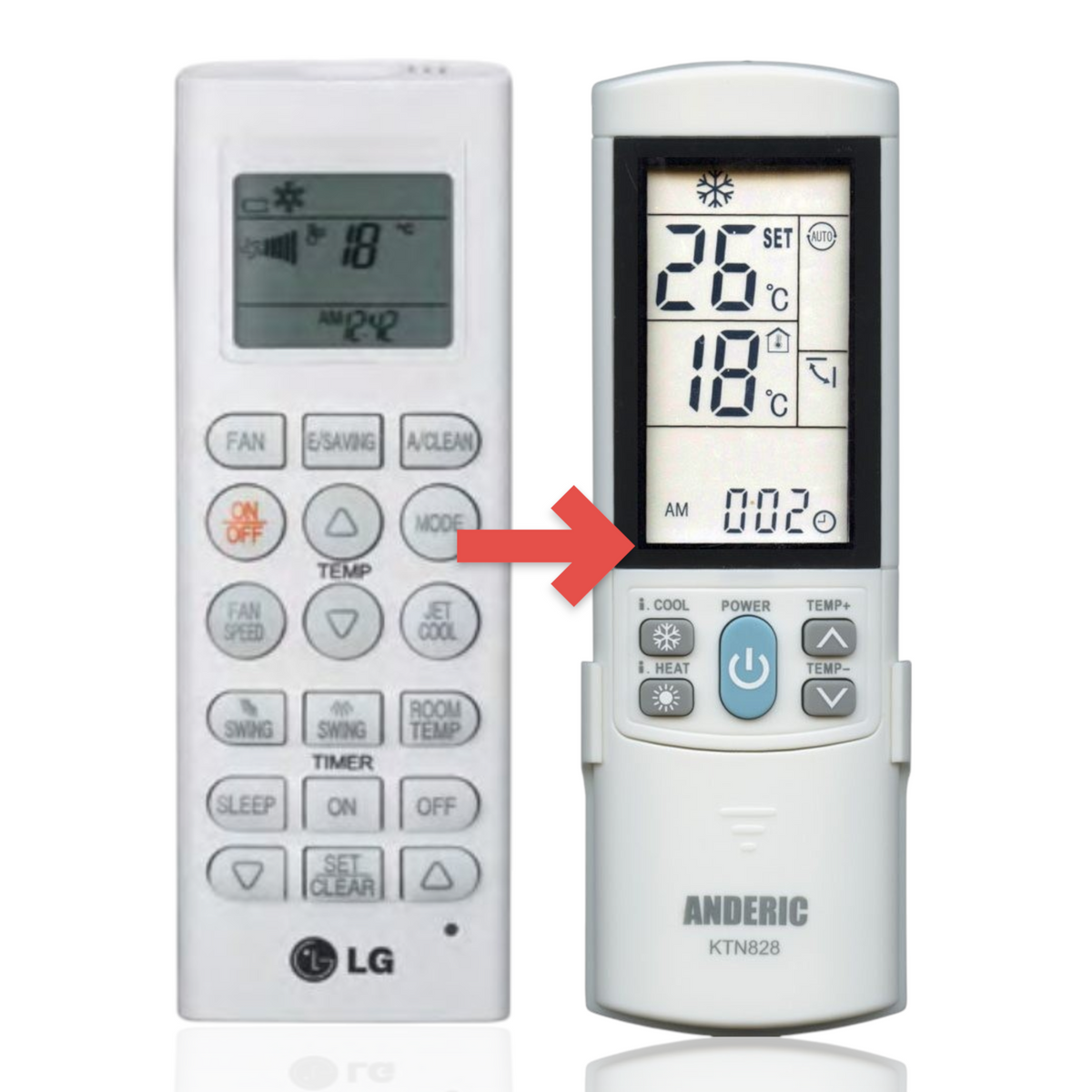 Anderic white replacement remote control for LG air conditioners featuring a backlit LCD screen and function buttons.