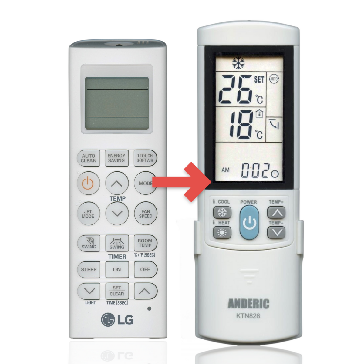 Anderic replacement remote control for LG air conditioners with backlit LCD screen and included wall mount bracket.