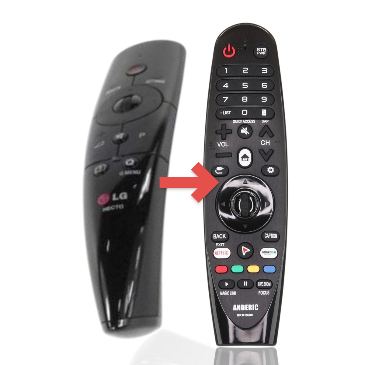 Anderic RRMR600 black TV remote control substitute for LG AKB73875301 with navigation wheel and smart app buttons