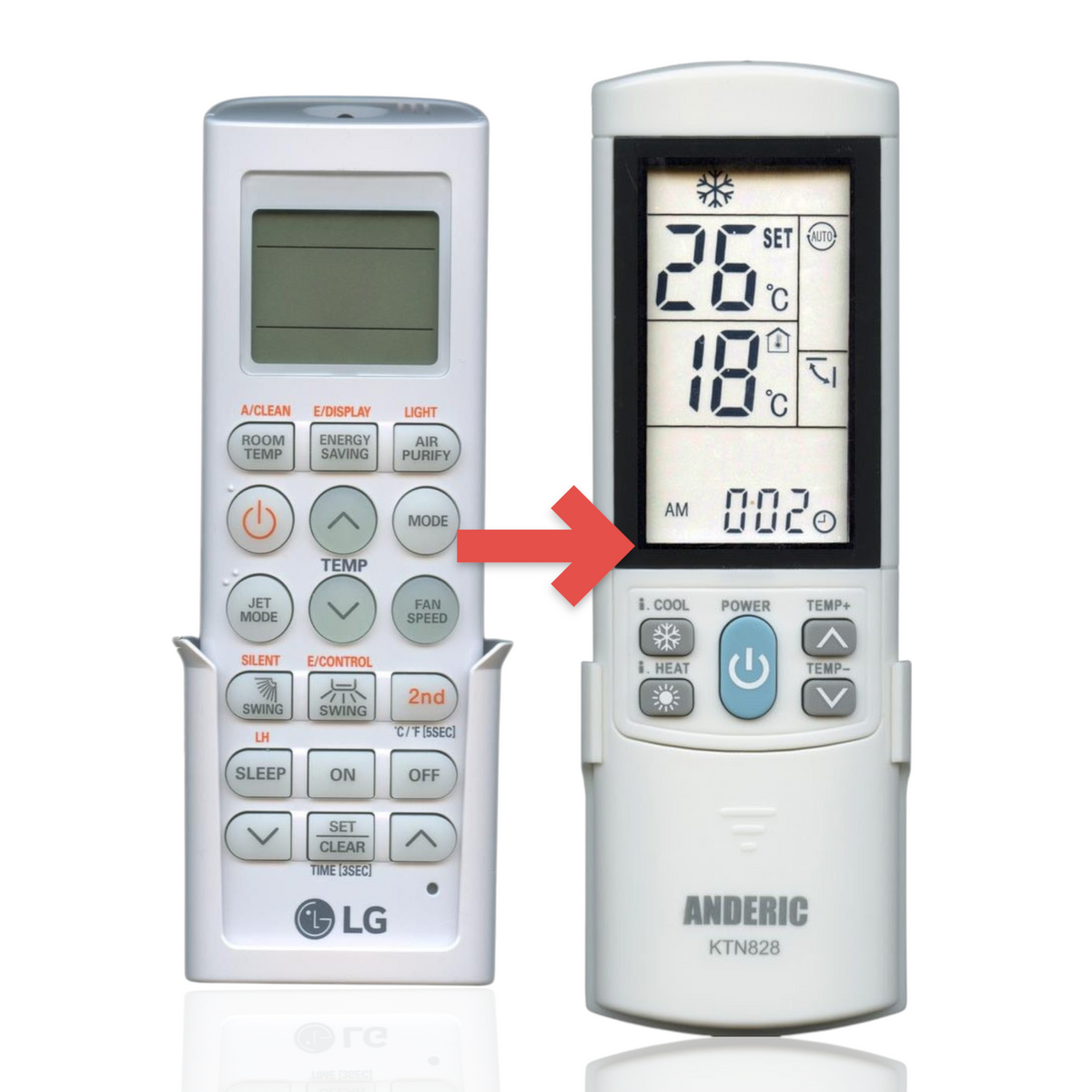 Anderic replacement remote control for LG air conditioners featuring a backlit LCD screen and wall mount bracket.